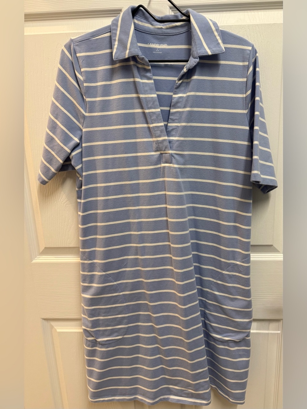 Lands' End Women's Starfish Elbow Sleeve Polo Dress in Misty Blue Sail Stripes